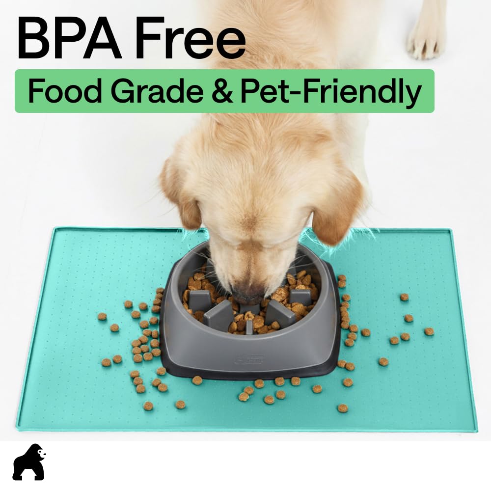 GORILLA GRIP 100% Waterproof Raised Edge BPA Free Silicone Pet Feeding Mat, Dog Cat Food Mats Contain Spills Protects Floors Placemats for Cats and Dogs Water Bowl Pets Accessories 18.5x11.5 Turquoise