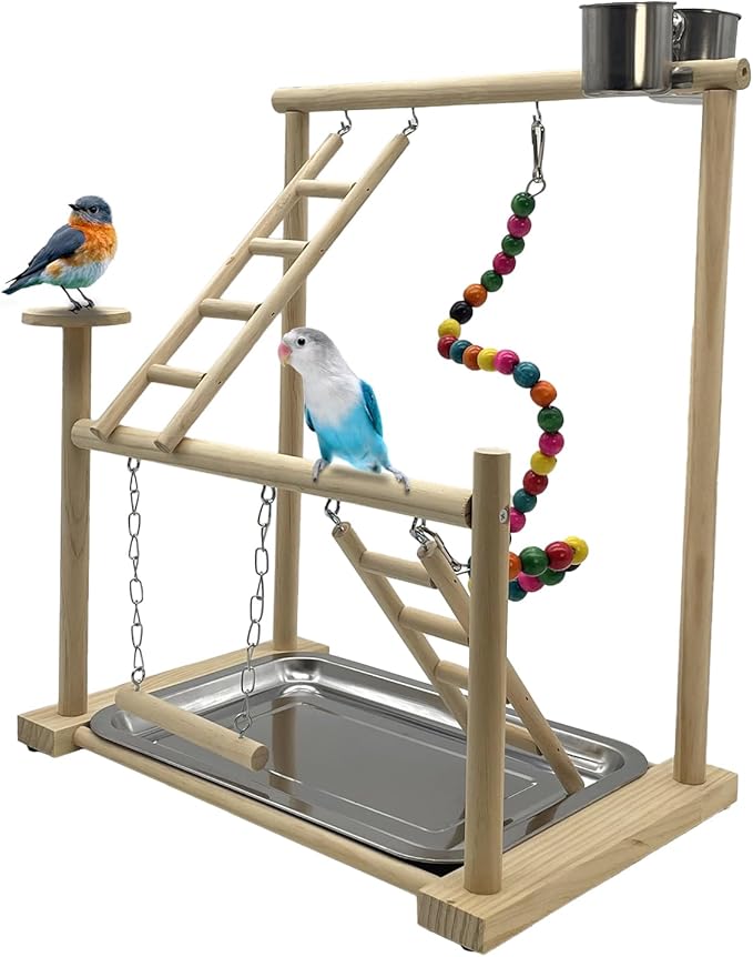 Hamiledyi Parrot Playground Bird Playstand Wood Exercise Play Perch Exercise Gym with Feeder Cups Toys Cockatiel with Ladder Hanging Swing for Pet Conure Lovebirds Life Activity Center Training Stand
