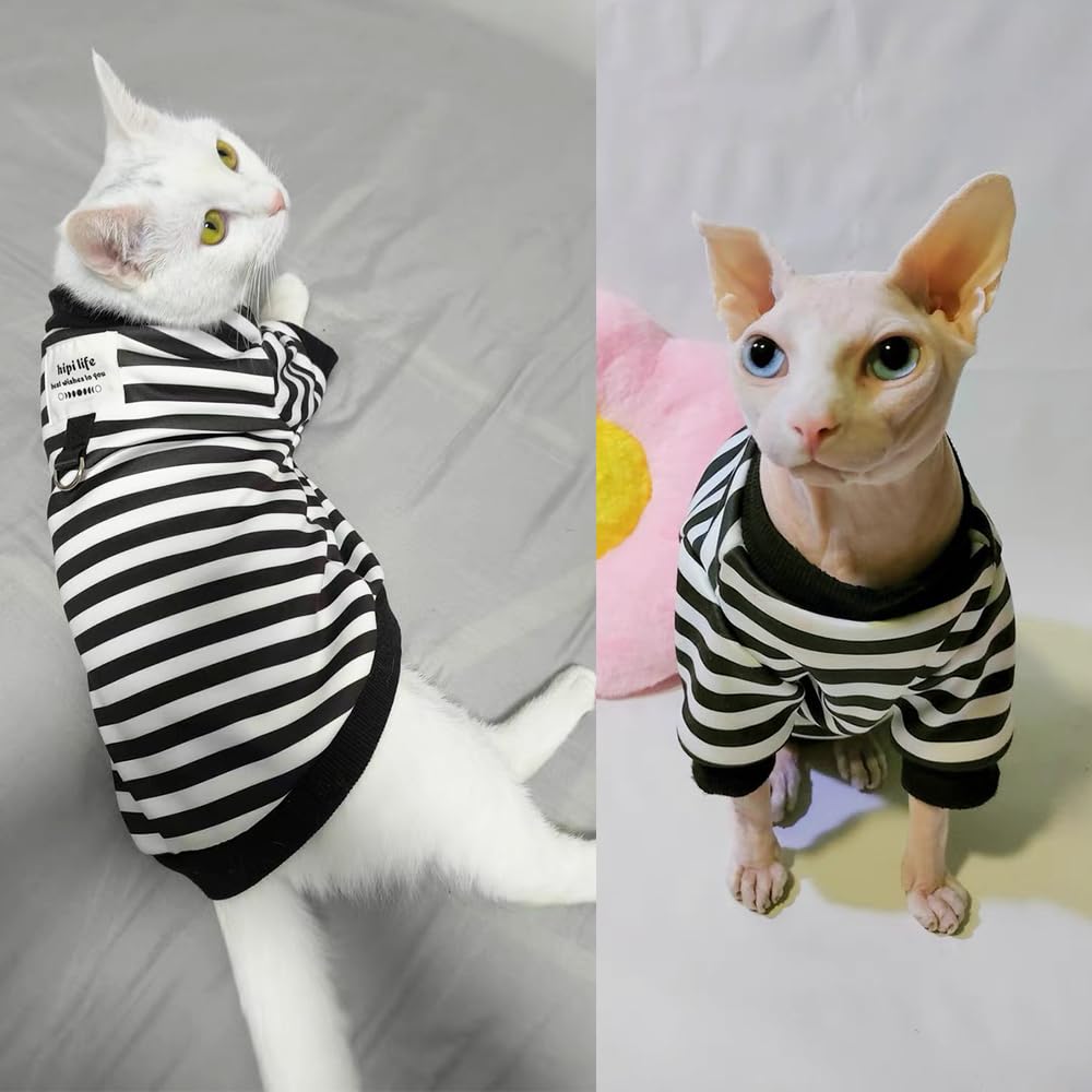 Anelekor Autumn Dog Hoodies with Leash Ring Warm Striped Puppy Shirt for Small Dog Girl Boy Cat Sweater Winter Pet Clothes Pomeranian Chihuahua Cold Weather Coat (Medium, Black)