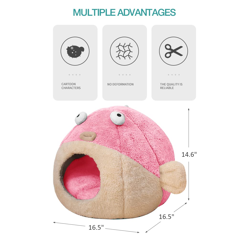 Cat Beds for Indoor Cats-Cat Bed Cave,Cute Lively Pufferfish Shape,Pink L