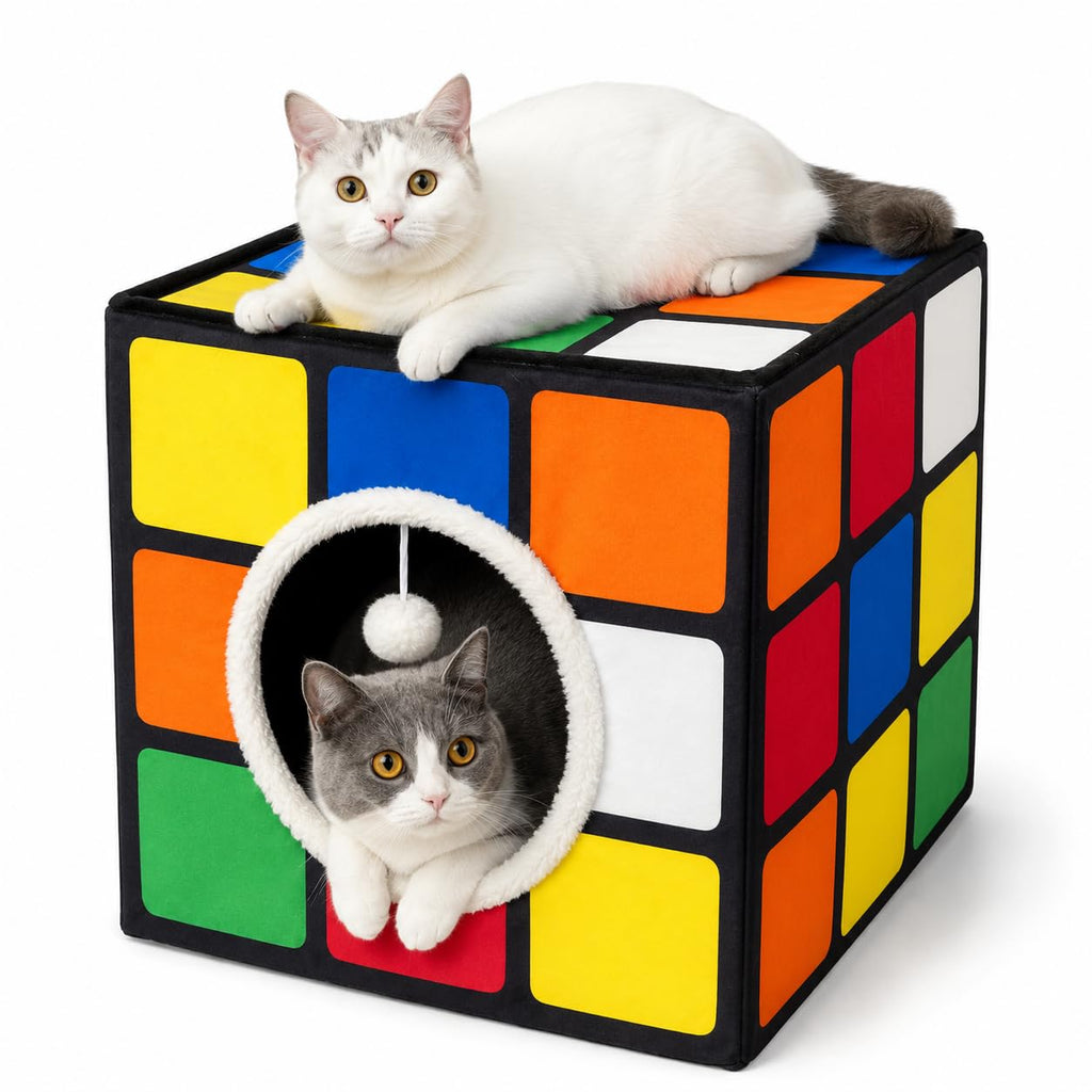 LUCKITTY Cat Condo House with Reversible Cushions and Fluffy Ball Hanging, Foldable Magic Cube, Large Cave Bed for Indoor Cats, Unique Puzzle Shape Lagre 16.5“ x 16.5" x 16.5”