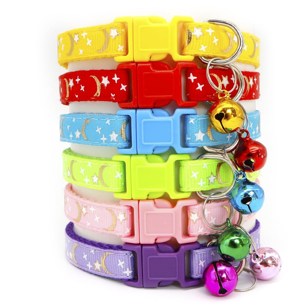 CCUUHJ Reflective Cat Collars Breakaway with Bell Moons Stars 2 Pack Girl Boy Pet Kitten Collar Adjustable 7.5-12.5 Inch (Green)