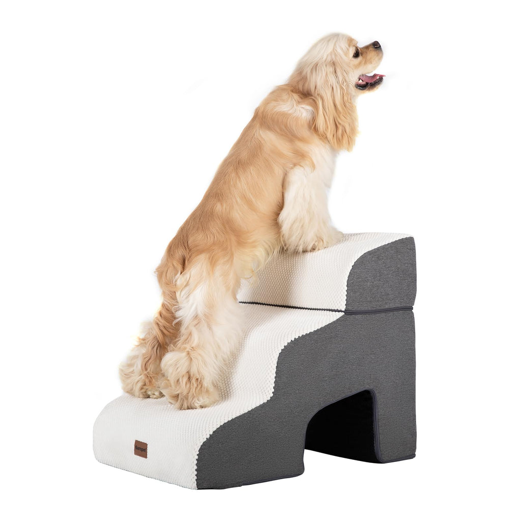 Garnpet Dog Stairs for Couch Sofa and Chair with Tunnel, 3-Step Dog Steps for Small Dogs and Cats, Non-Slip Indoor Pet Step, Beige