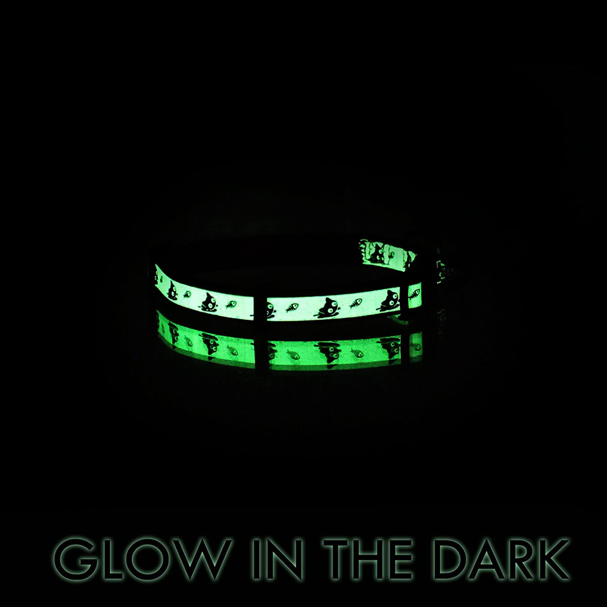 Pawtitas Glow in the Dark Cat Collar with Breakaway Safety Buckle & Bell Adjustable Kitten Collar, Set of 2 GID Teal/Black