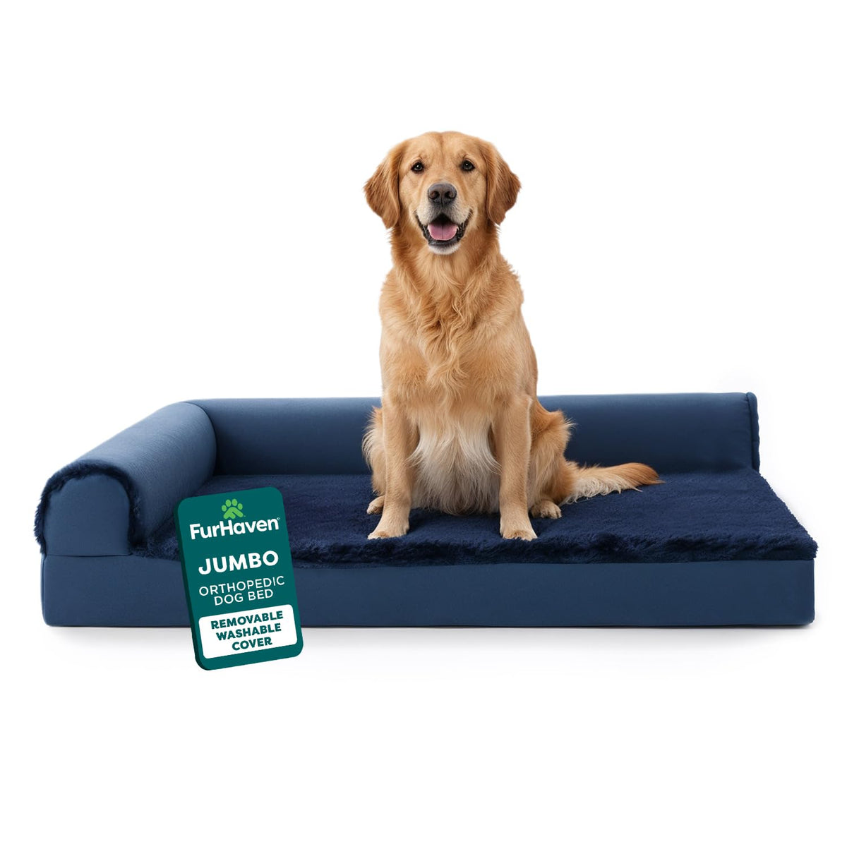 FurHaven Orthopedic Dog Bed for Large Dogs, L-Shaped Chaise Mattress with Orthopedic Egg Crate & Solid Orthopedic Foam Base for Joint Support, Washable Cover, Jumbo XL, Faux Fur & Suede, Dark Sage
