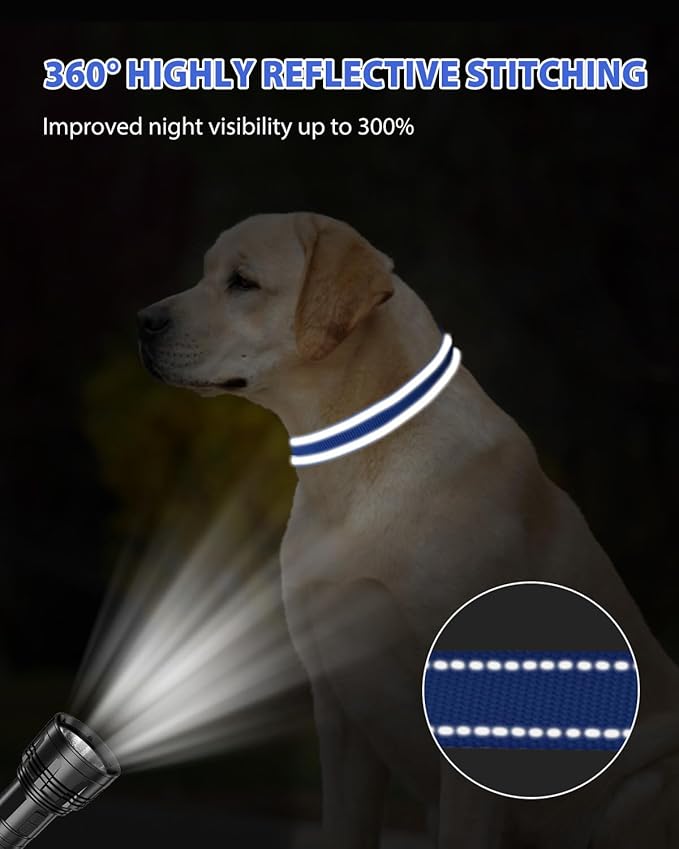 Joytale Dog Collars for Medium Dogs, Comfortable Double-Sided Reflective Nylon Collar for Night Safety, Adjustable Quick-Release for Active Pets, Navy Blue, M (1" Width)
