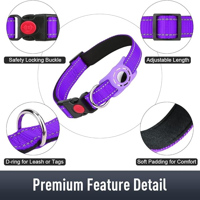 Erbine AirTag Dog Collar with AirTag Holder Compatible for Air Tag, Reflective Soft Padded, Safety Locking Buckle, Adjustable Nylon for Small Medium Large Dogs (Purple,XL)