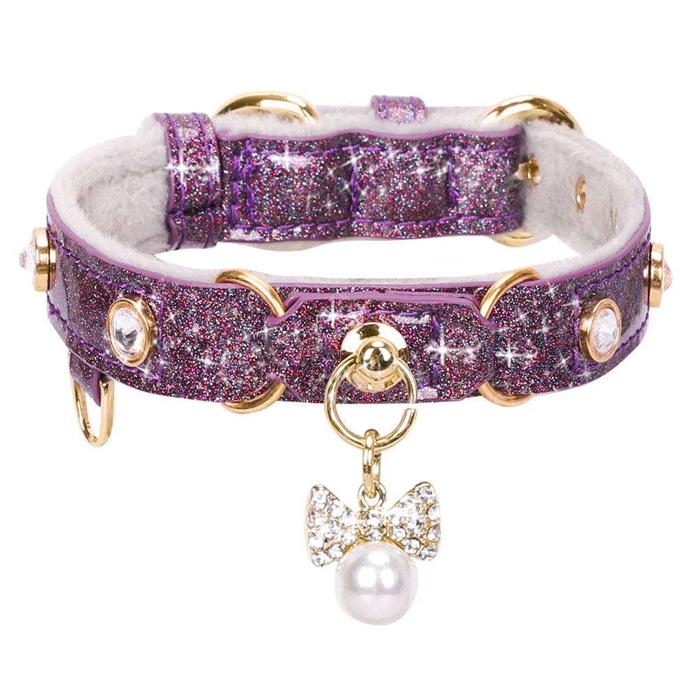 PetsHome Cat Collar, Dog Collar, [Bling Rhinestones] PU Leather Adjustable Pet Collar with Luxury Pendant for Cat and Small Dog Extra Small Pink