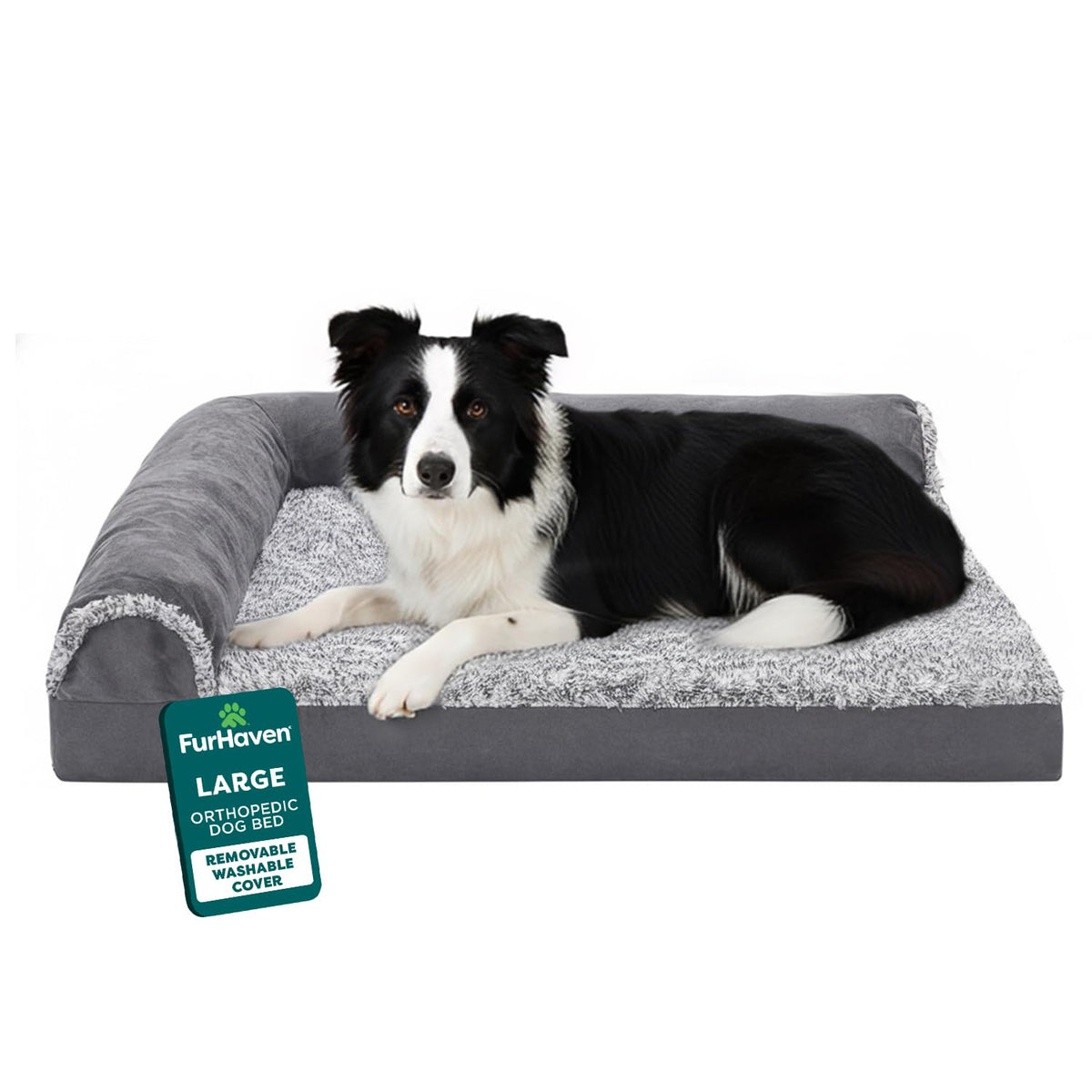 FurHaven Orthopedic Dog Bed for Large Dogs, L-Shaped Chaise Mattress with Orthopedic Egg Crate & Solid Orthopedic Foam Base for Joint Support, Washable Cover, Jumbo XL, Faux Fur & Suede, Dark Sage