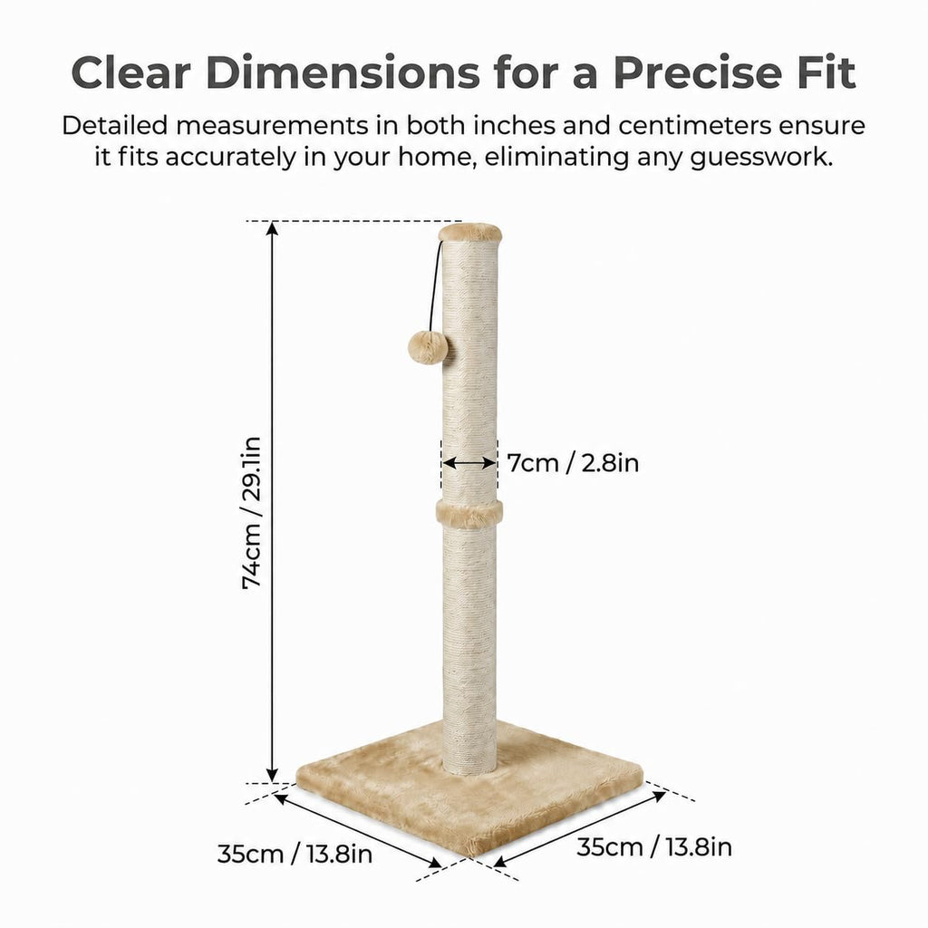 Dimaka 29" Height Tall Cat Scratching Post, Claw Scratcher with Sisal Rope and Covered with Soft Smooth Plush, Vertical Scratch [Full Strectch] for Standard Size Cats (Light Brown, 29 inches)