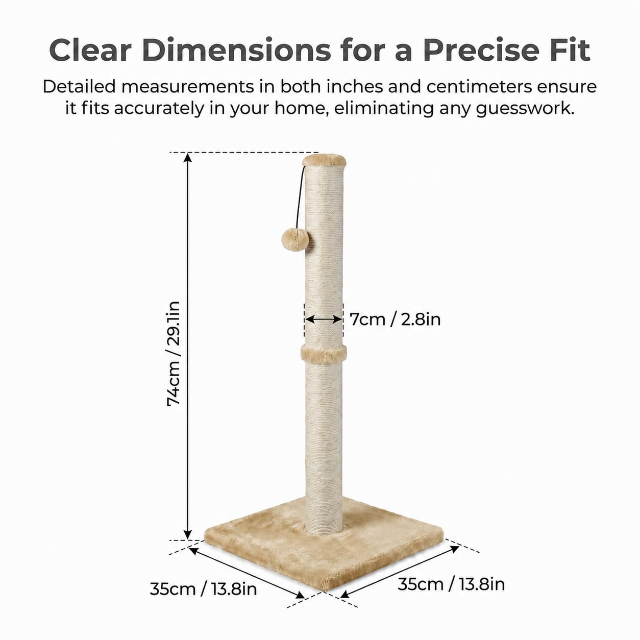 Dimaka 29" Height Tall Cat Scratching Post, Claw Scratcher with Sisal Rope and Covered with Soft Smooth Plush, Vertical Scratch [Full Strectch] for Standard Size Cats (Light Brown, 29 inches)