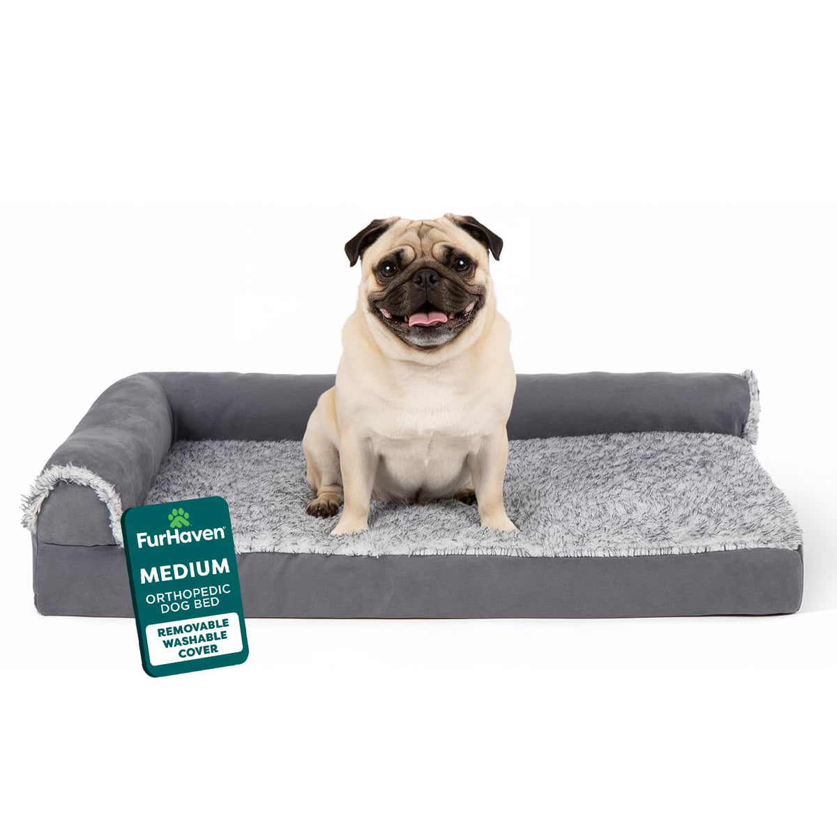FurHaven Orthopedic Dog Bed for Large Dogs, L-Shaped Chaise Mattress with Orthopedic Egg Crate & Solid Orthopedic Foam Base for Joint Support, Washable Cover, Jumbo XL, Faux Fur & Suede, Dark Sage