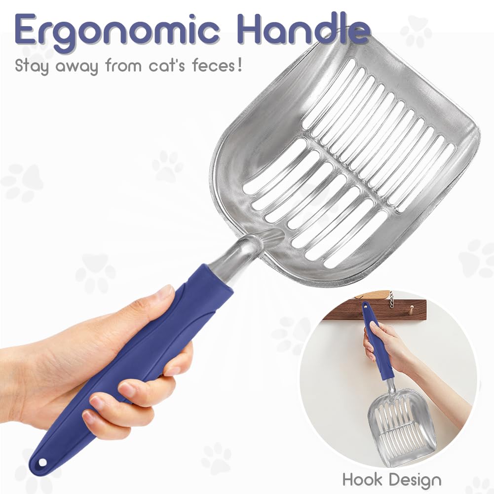 Cat Litter Scoop, Metal Cat Scooper, Plastic Handle Scoop, Sifting Shovel of Christmas– Heavy Duty Aluminum Alloy Litter Box Scoop with Deep Mesh, Design for Easy Waste Removal and Cleaning(Dark Blue)