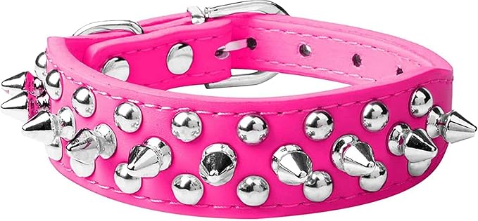 haoyueer Spiked Dog Collar Soft Pu Leather Mushrooms Rivet Spike Studded Puppy Adjustable Pet Collars for Small Breeds (L, Hot Pink)