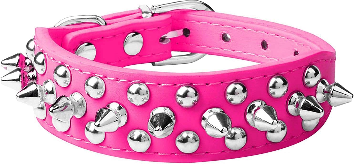 haoyueer Spiked Dog Collar Soft Pu Leather Mushrooms Rivet Spike Studded Puppy Adjustable Pet Collars for Small Breeds (M, Hot Pink)