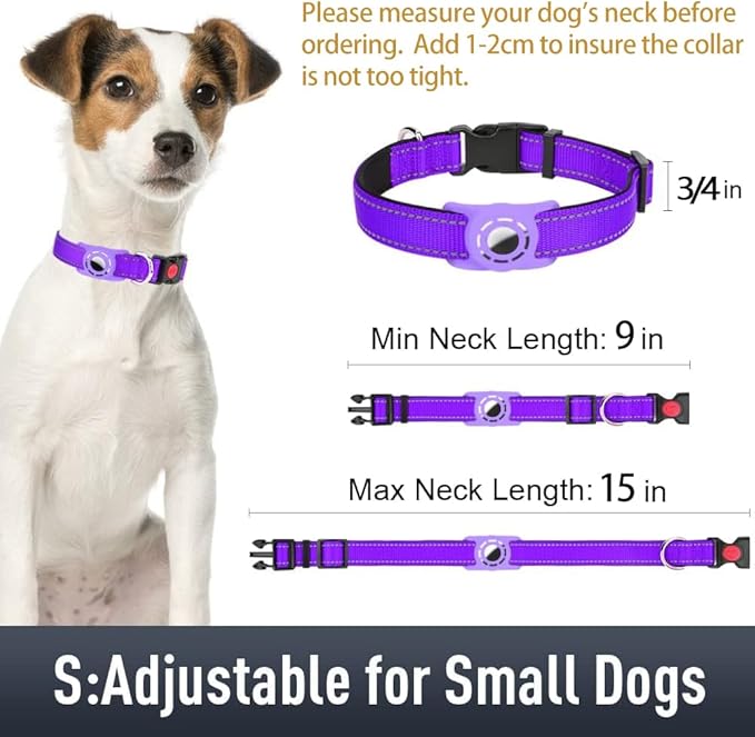 Erbine AirTag Dog Collar with AirTag Holder Compatible for Air Tag, Reflective Soft Padded, Safety Locking Buckle, Adjustable Nylon for Small Medium Large Dogs (Purple,S)