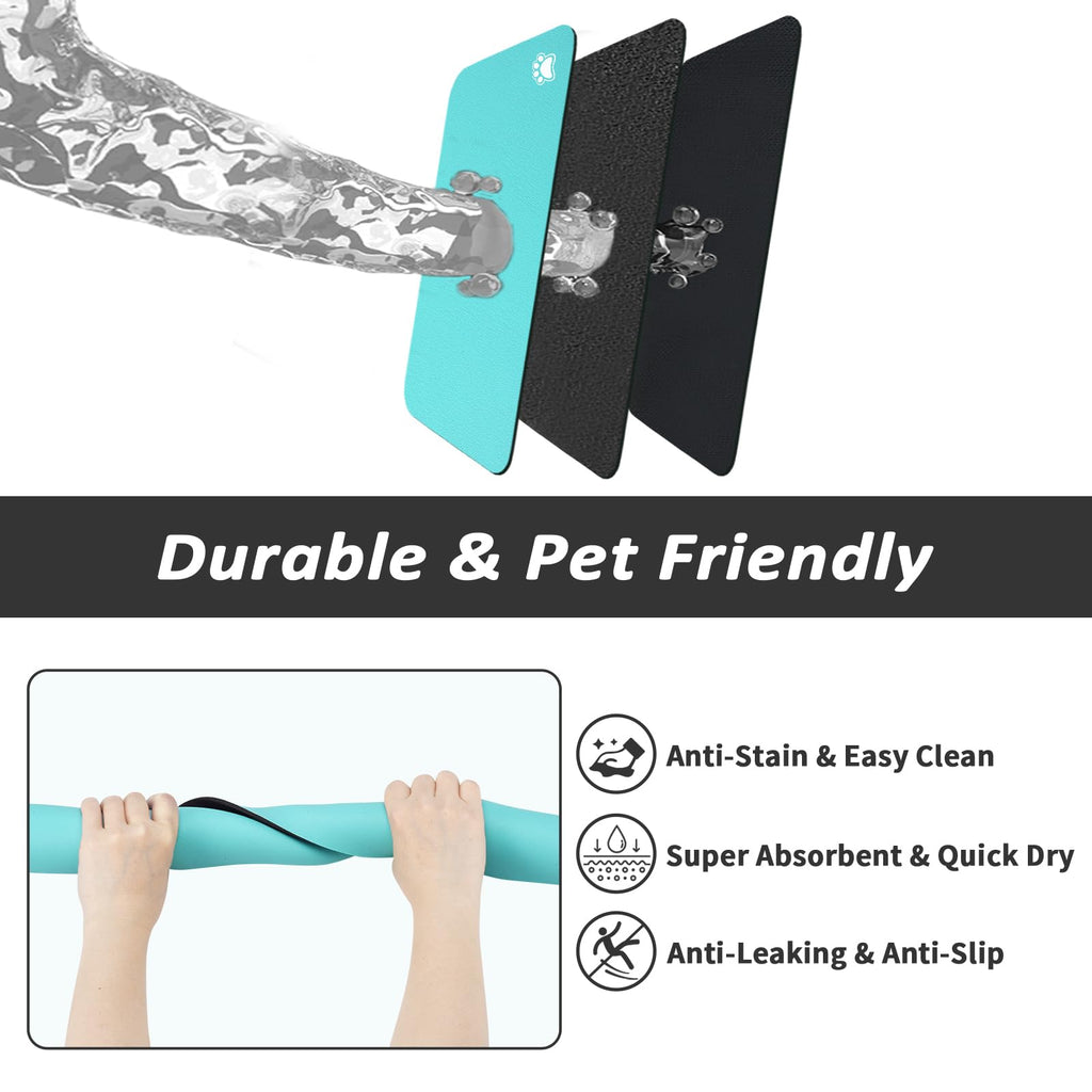 HotLive Dog Food Mat - Absorbent Cat Mat for Food and Water, No Stains Pet Feeding Bowl Mat, Easy to Clean Pet Placemats, Quick Dry Dog Water Dispenser Mat for Messy Drinkers | Paw Teal 18"x34"