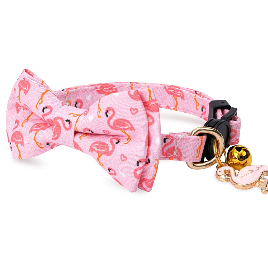 Jelwuion 2 Pack Cotton Cat Collar with Bow Tie and Bell for Girl Boy Cats,Cute Pink Flamingo and Blue Whale Pattern Spring Summer Breakaway Cat Collar for Male Female Cats (Flamingo&Whale)