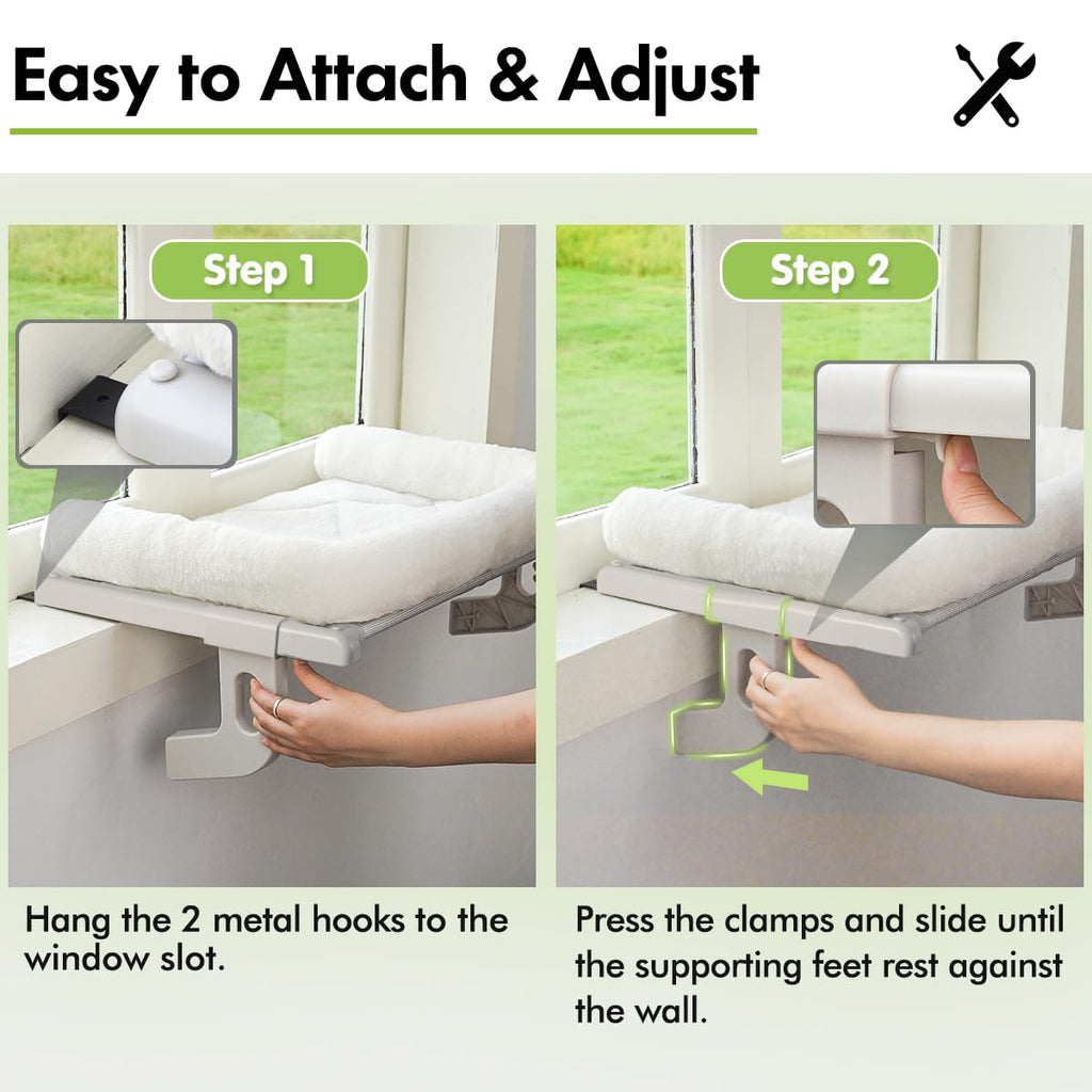 Zoratoo Cat Window Sill Perch with Large Bolster, Easy to Adjust & Assemble Cat Window Seat for Windowsill & Bedside, Pet Hammock Bed for Large Cats and Kittens (White, L)