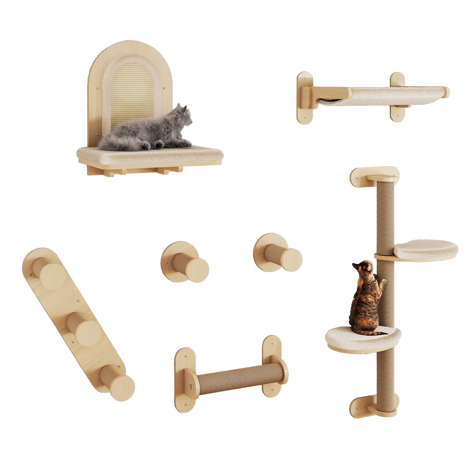 BYBYME 7 Pcs Wall-Mounted Cat Shelves, Multi-Level Sturdy Climbing Frame with Scratching Posts, Kitten Platform & Cat Bed for Playing & Resting, Solid Wood Indoor Cat Room Tree（Natural Wood）