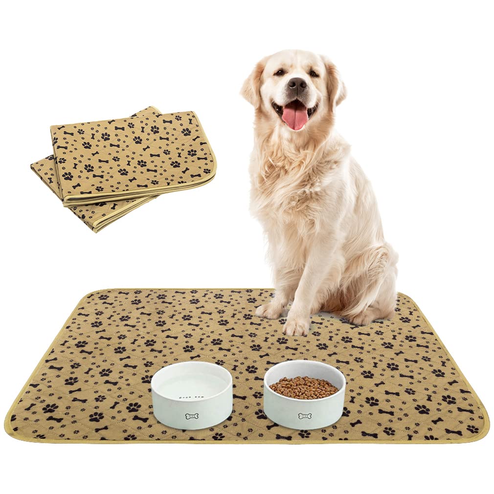 BINGPET Waterproof Dog Food Mat Non-Slip - 2 Pack Dog Bowl Mat Absorbent Pet Feeding Mats Washable Pee Pads for Puppies Cats, Bone & Paw Pattern 35.4" X 23.6"
