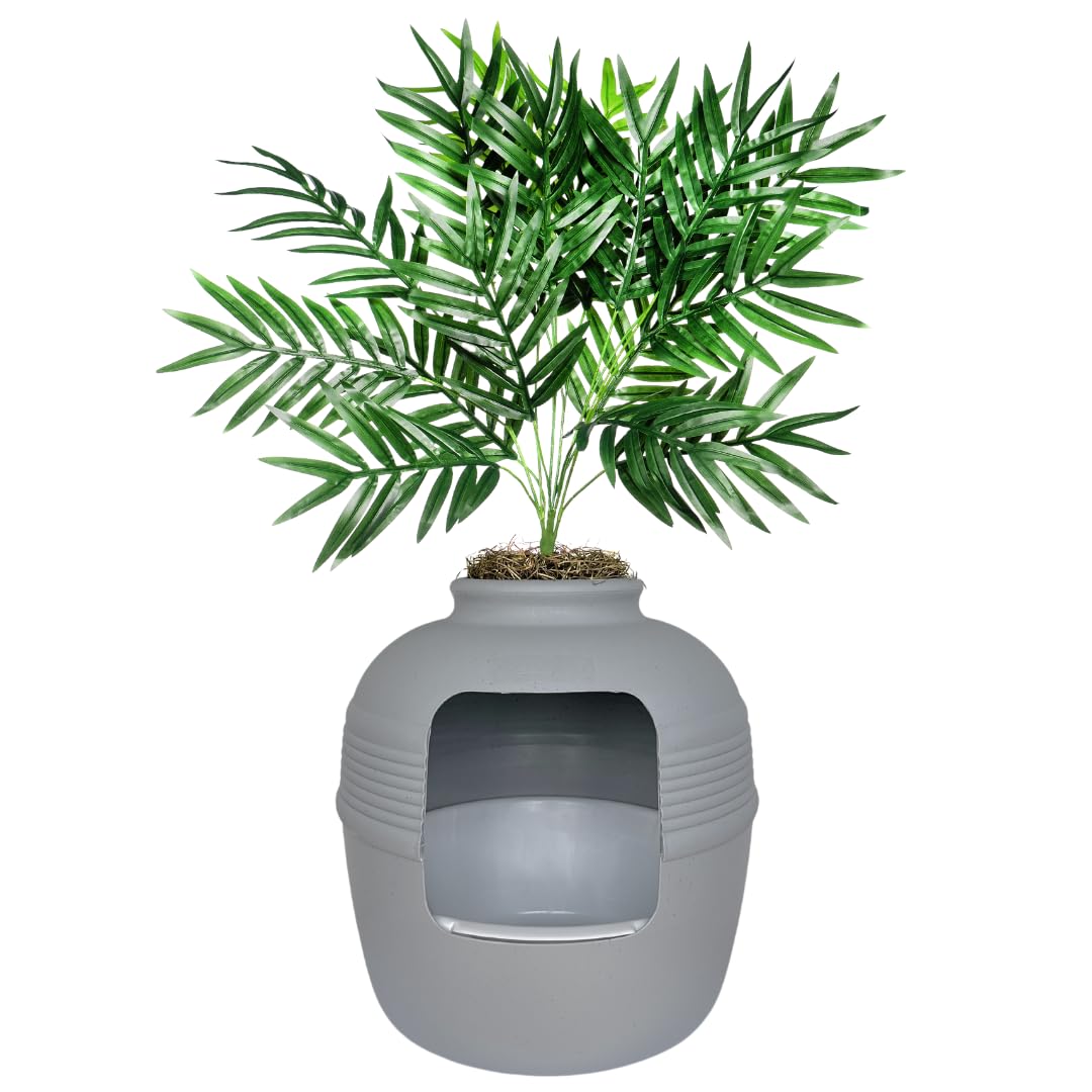 Good Pet Stuff Original Hidden Litter Box Planter, Decorative Cat Litter Enclosure, Carbon Filter, Faux Plant, Easy to Clean, Round Design, Removable Tray, Essentials Kit, Palm Plant, Pebble Gray