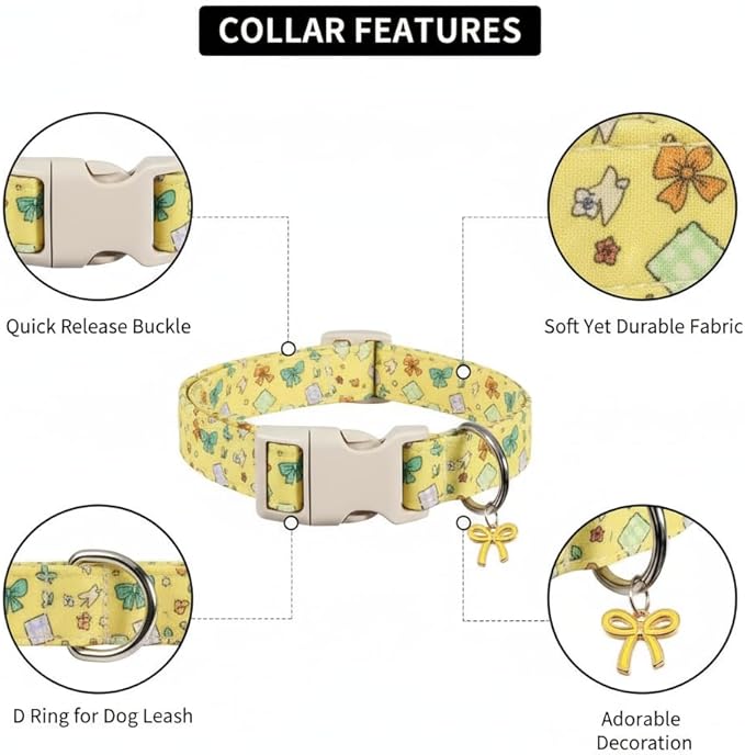 Britwicfr Dog Collars for Medium Dogs, Yellow Dog Collar with Cute Bow Print and Charm, Adjustable Medium Collar for Girl Female Dogs