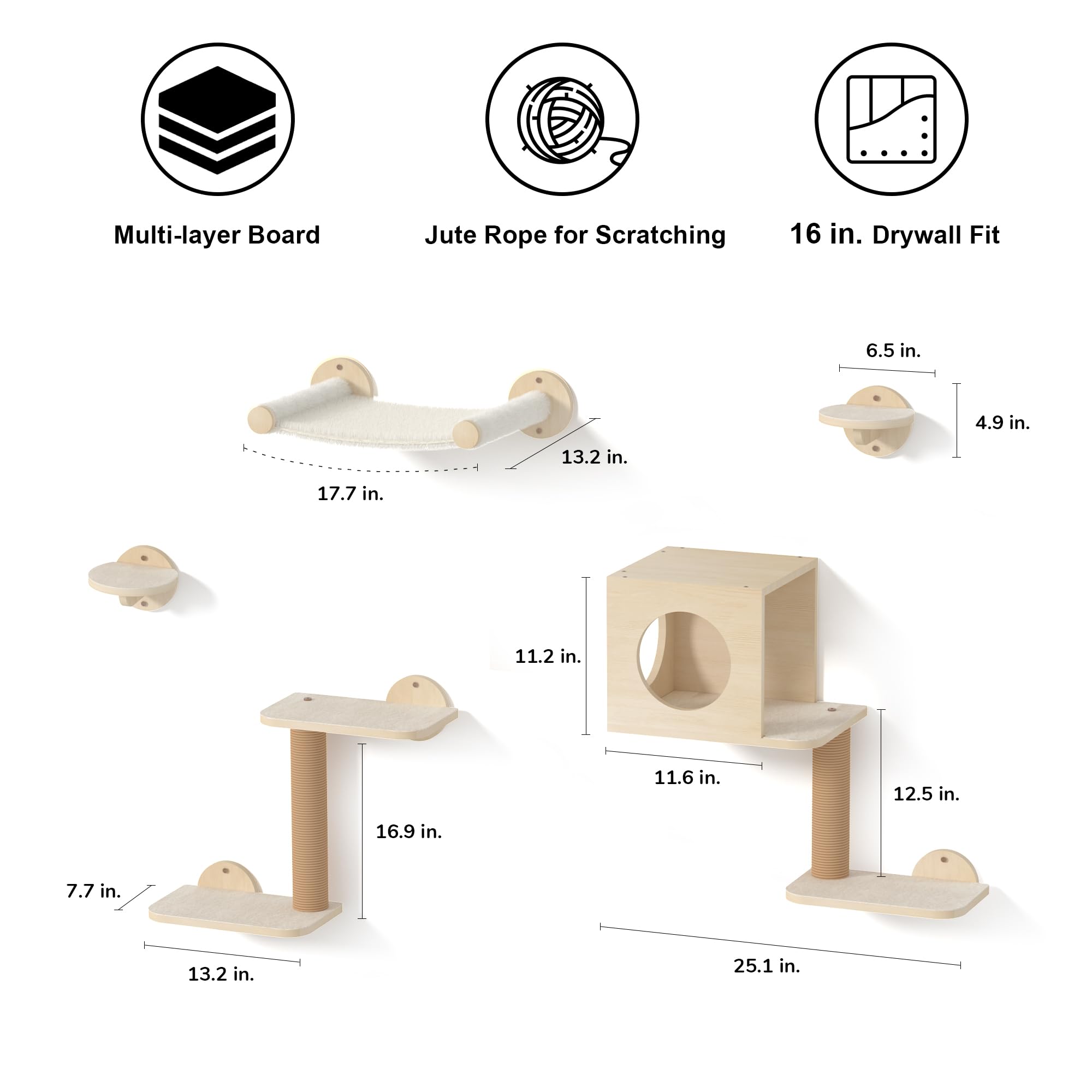 FUKUMARU Cat Wall Shelves, 5 in 1 Set, Beige