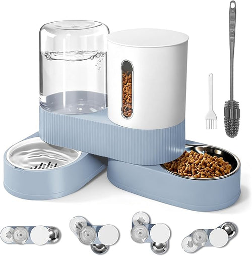 2 in 1 Automatic Gravity Cat Dog Feeder and Water Dispenser with 304 Stainless Steel Bowls, 360 Degree Rotatable Auto Food with 2 Specialized Brushes for Small Medium Pet Dog Puppy Kitten (Gray)