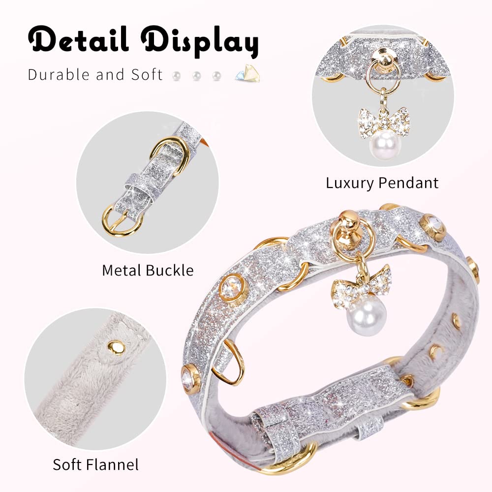 PetsHome Cat Collar, Dog Collar, [Bling Rhinestones] PU Leather Adjustable Pet Collar with Luxury Pendant for Big Cat and Small to Medium Dog Small Silvery