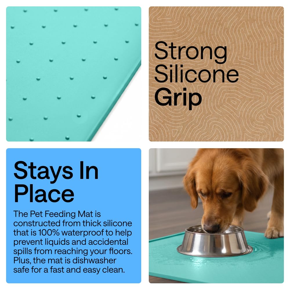 GORILLA GRIP 100% Waterproof Raised Edge BPA Free Silicone Pet Feeding Mat, Dog Cat Food Mats Contain Spills Protects Floors Placemats for Cats and Dogs Water Bowl Pets Accessories 18.5x11.5 Turquoise