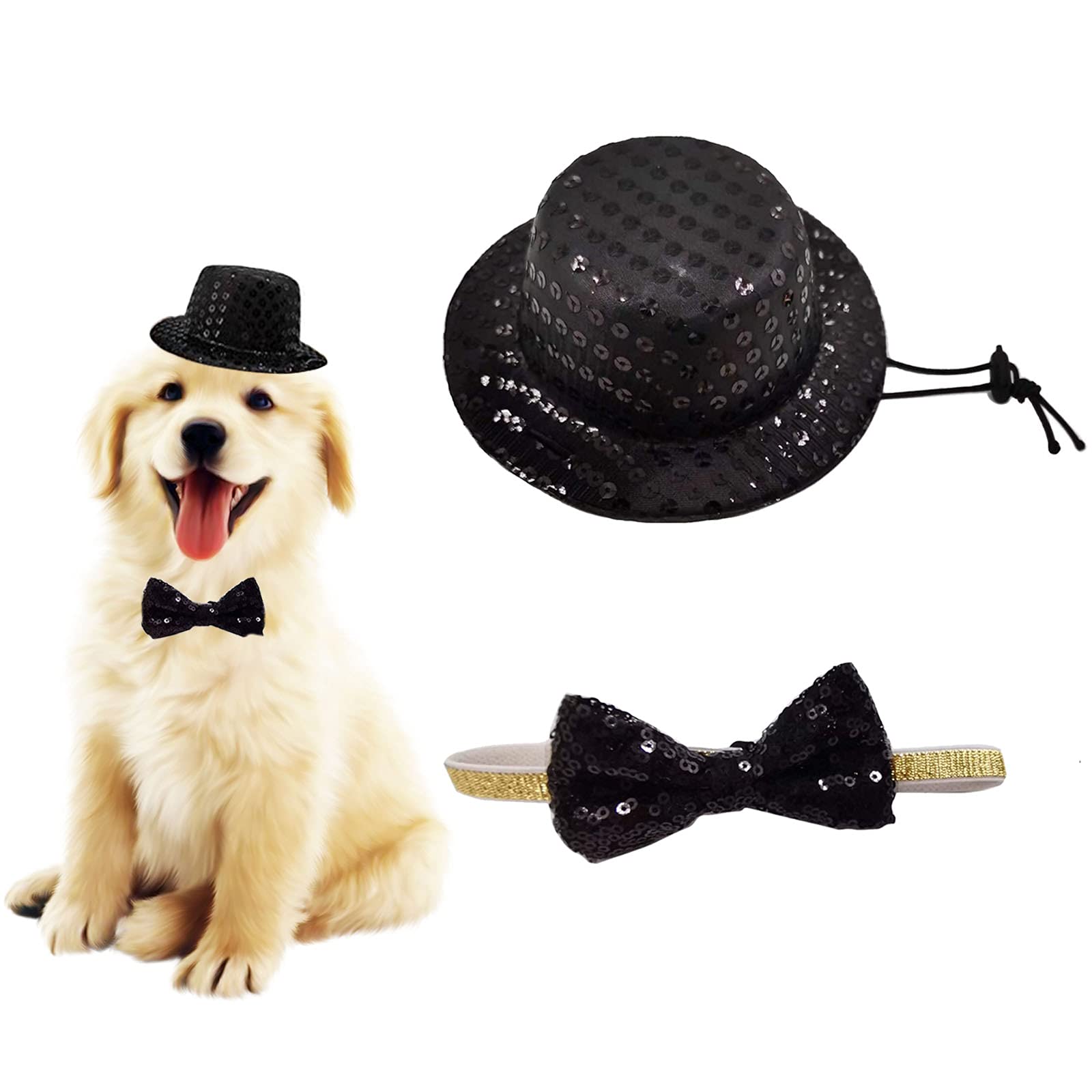 Christmas Pet Party Jazz Hat and Blingbling Bow Tie Breakaway Collar Set, Adjustable Headband for Kitten Puppy Small Dogs Cats (02 Black)