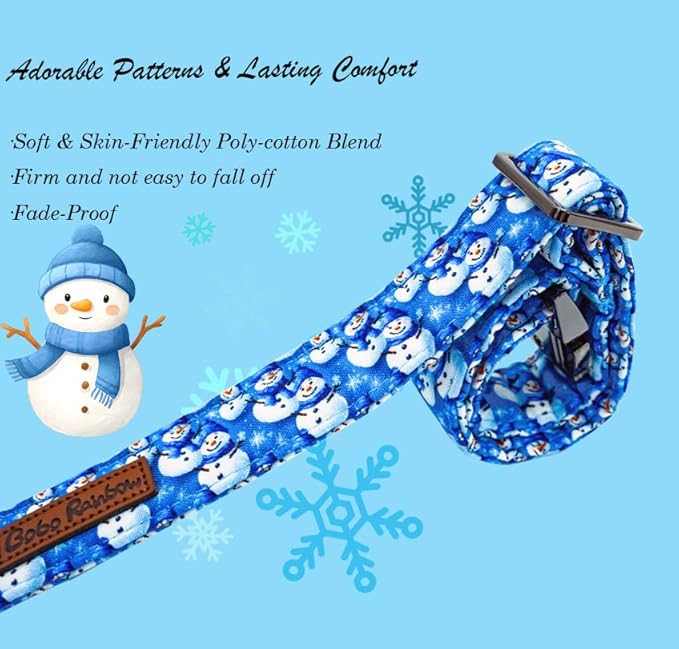 Bobo Rainbow Christmas Dog Collar, Cotton Winter Dog Collars with Bow Cute Blue Snowman Pet Collar Removable Blue White Winter Pet Collars with Metal Buckle for X-Small Girl and Boy Dogs