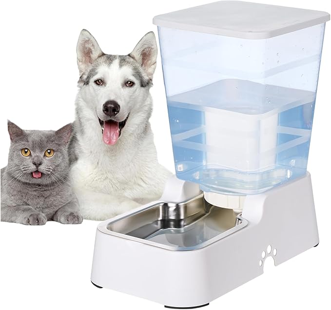 Leefele Automatic 5.4L/1.4Gal Pet Waterer, Automatic Dog Water Dispenser Gravity Stainless Steel Water Feeder, Large Capacity Feeding Bowls for Cats and Medium & Large-Sized Dogs (Black, Food+Water)
