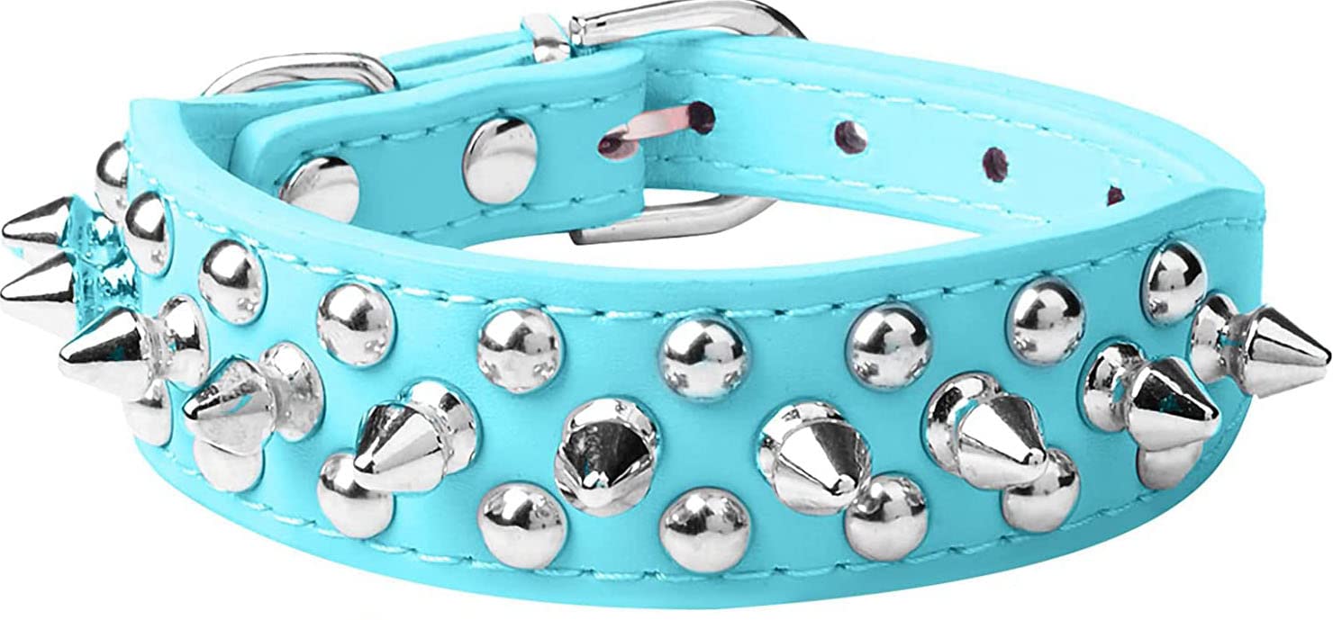 haoyueer Spiked Dog Collar Soft Pu Leather Mushrooms Rivet Spike Studded Puppy Adjustable Pet Collars for Small Breeds (S, Light Blue)