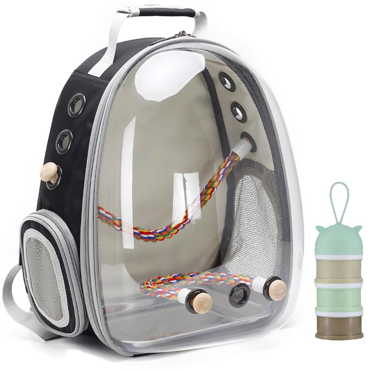 Bird Traval Carrier Cage, Clear Space Capsule Astronaut Backpack to Carry Parakeet Cockatiel Parrot with Metal Tray Bird Feeder Wood Perch, Vet Transport Bag