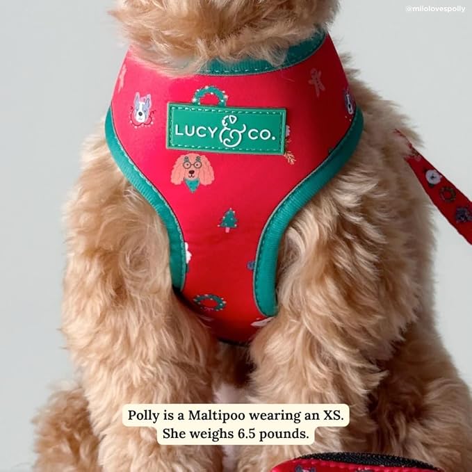 Lucy & Co. Reversible Dog Harness - Water-Repellent Neoprene, Dual-Print Design, Easy Swap Style, Adjustable Comfort Fit - Happy Howlidays Reversible Harness - Large