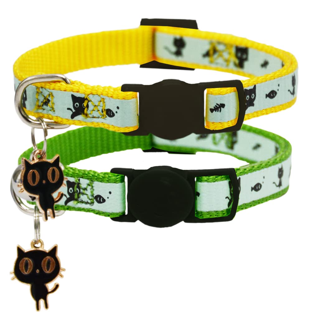 2 Pack Glow in The Dark Cat Collar with Bell Breakaway Safety Cat Puppy Collars with Pendant Black and Pink