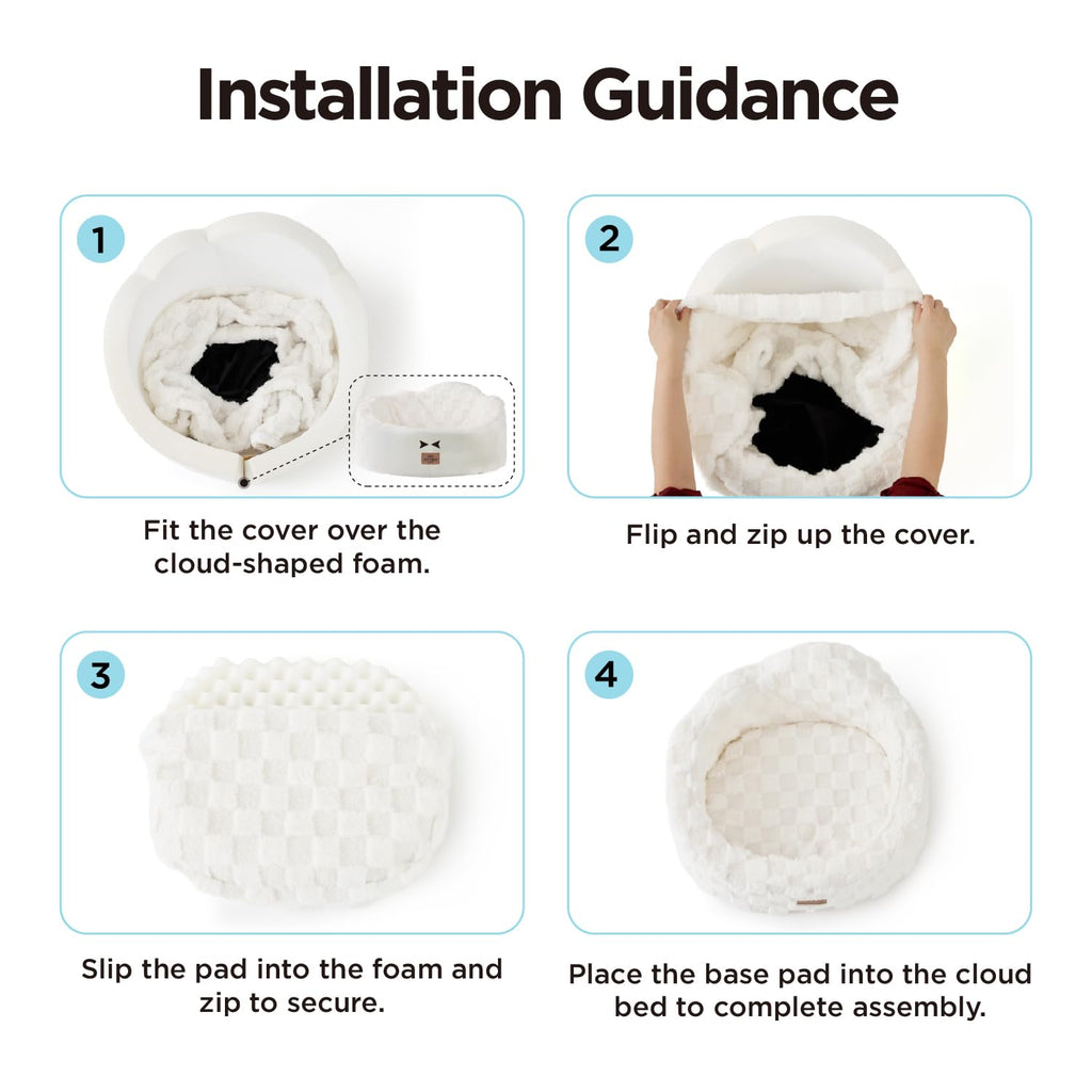 Joydeco Cloud Dog Bed for Small Dogs & Cats, Washable Pet Bed with Orthopedic Foam and Removable Checkered Plush Pad, Non-Slip Bottom for Indoor Puppies and Kittens, 22x20 Inch, White