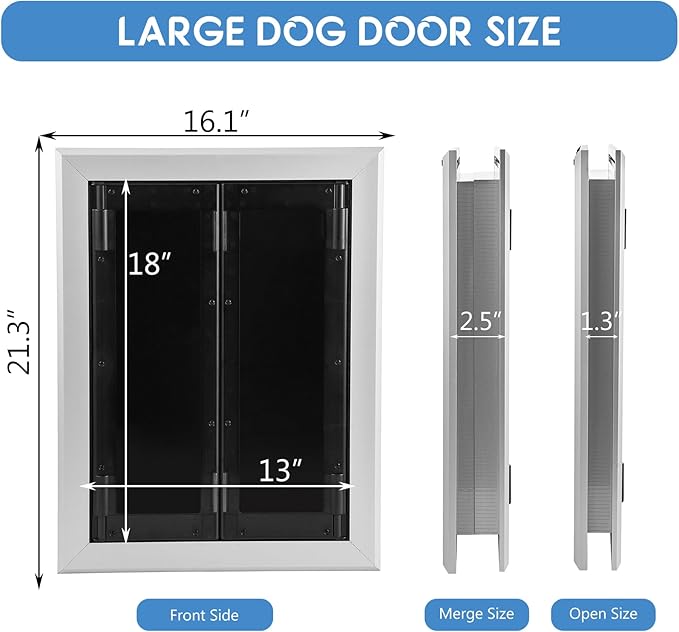 SmarketBuy Large Dog Door, Weatherproof Aluminum Dog Door with Automatic Closing Double Panels Easy to Install Pet Door for Large Dogs and Cats, Closing Panel Included