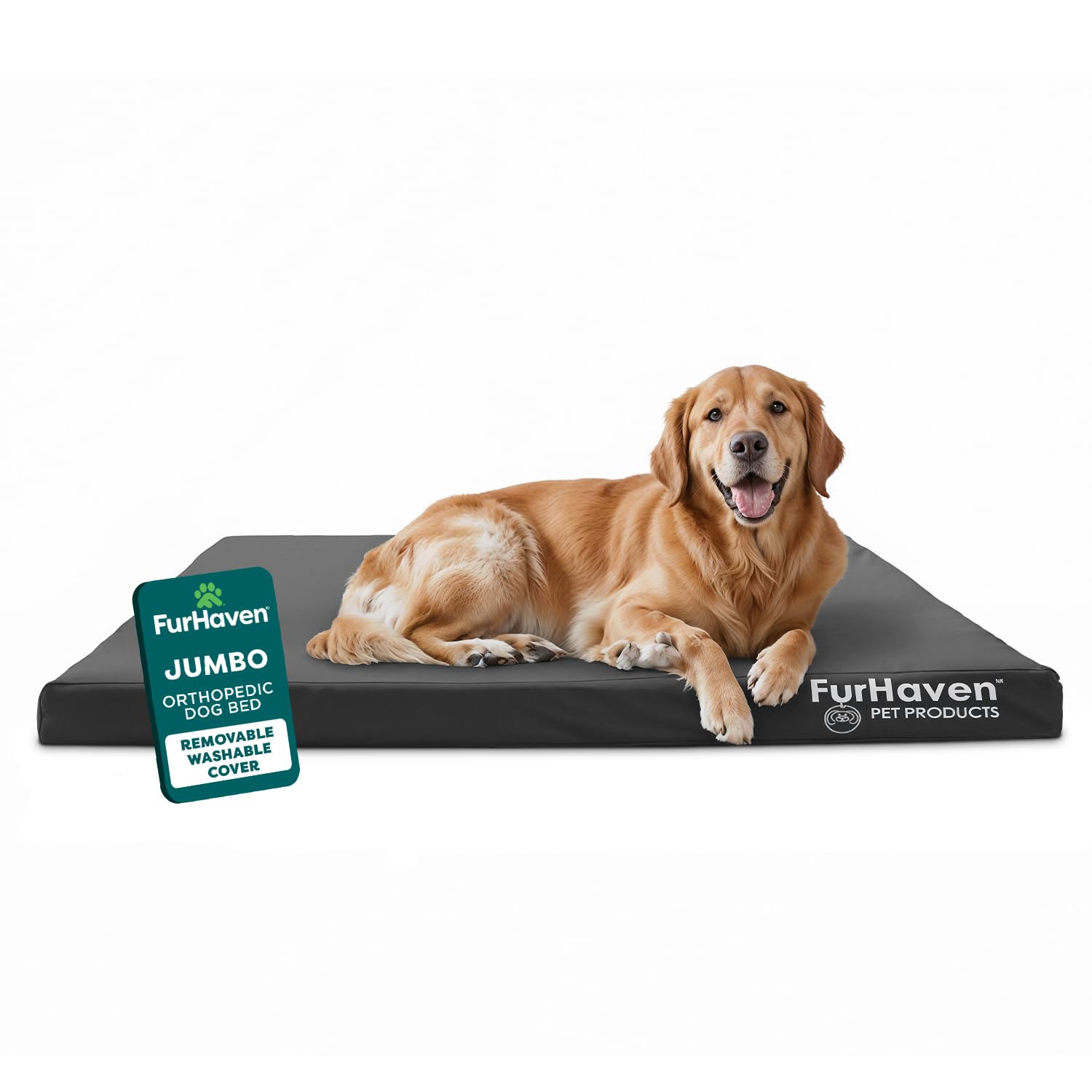 Furhaven Water-Resistant Orthopedic Dog Bed for Large Dogs w/ Removable Washable Cover, For Dogs Up to 95 lbs - Indoor/Outdoor Logo Print Oxford Polycanvas Mattress - Stone Gray, Jumbo/XL