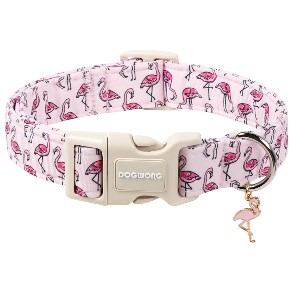 DOGWONG Cute Pet Dog Collar Pink Flamingos Cotton Dog Collar- Soft Girl Puppy Adjustable Pet Collars for Small Medium Large Dogs,S