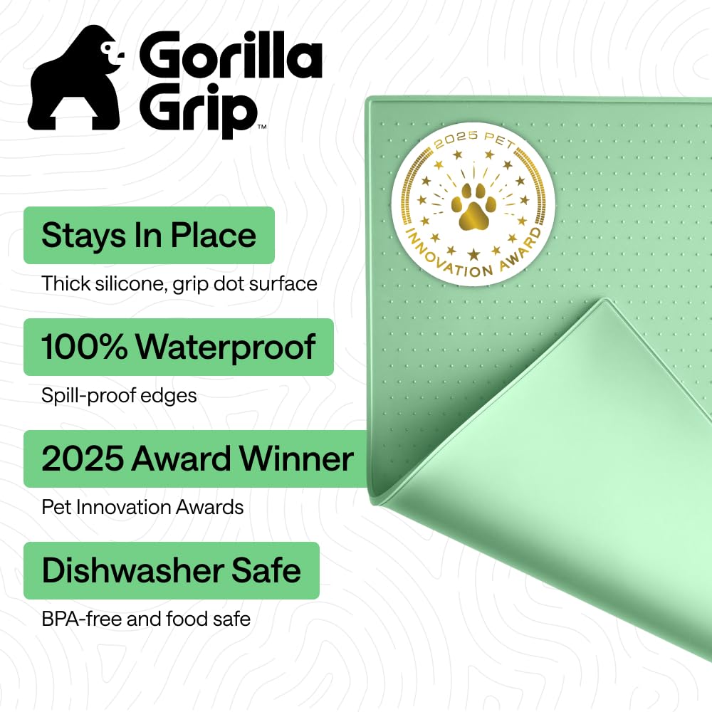 GORILLA GRIP 100% Waterproof Raised Edge BPA Free Silicone Pet Feeding Mat, Dog Cat Food Mats Contain Spills Protects Floors, Placemats for Cats and Dogs Water Bowl, Pets Accessories 32x24 Mint