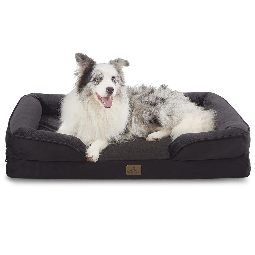 Bedfolks Orthopedic Dog Bed, Big Waterproof Dog Sofa Bed for Large Dogs, Egg Foam Pet Couch Bed with Removable Washable Cover and Nonslip Bottom, Black
