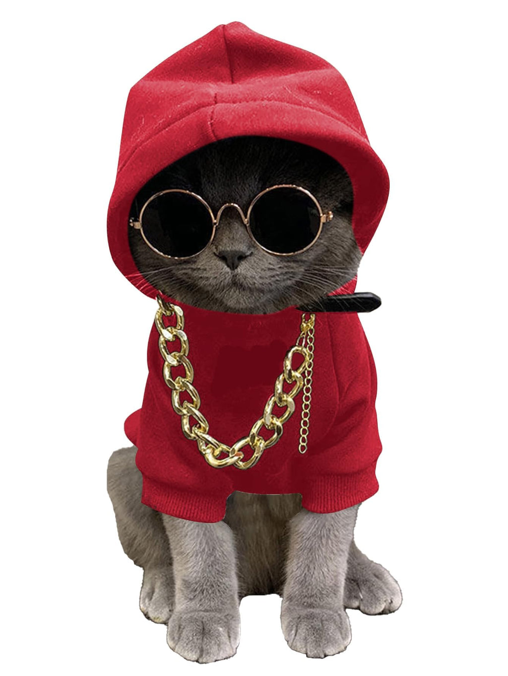 QWINEE 3Pcs Dog Hoodie Cat Apparel Dog Custume Set with Necklace and Sunglasses Pet Clothes for Puppy Small Medium Dogs Cats Red L