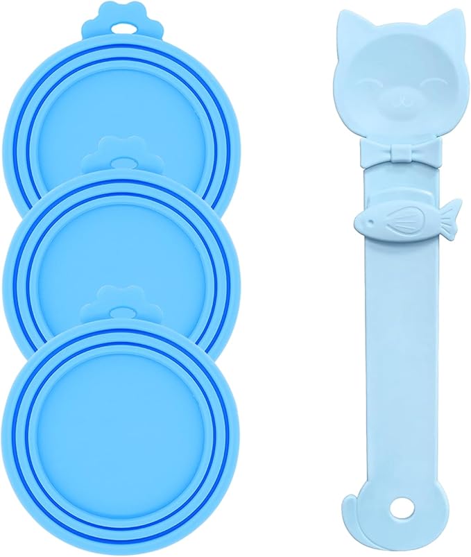 DORUI Cat Treat Spoon Squeeze & 3 Pcs Can Lids | Cat Treat Feeder for Liquid Snack | Universal Silicone Pet Can Covers BPA Free | Churu Spoon Dispenser(Blue)