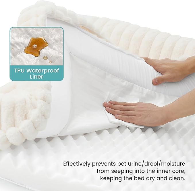 Cute Dog Bed for Extra Large Dogs, Faux Rabbit Fur Orthopedic Foam Dog Bed with Sides, Removable Washable Cover & Waterproof Lining, Comfortable Pet Couch, Cream (48" L x 35" W x 7.5" Th)
