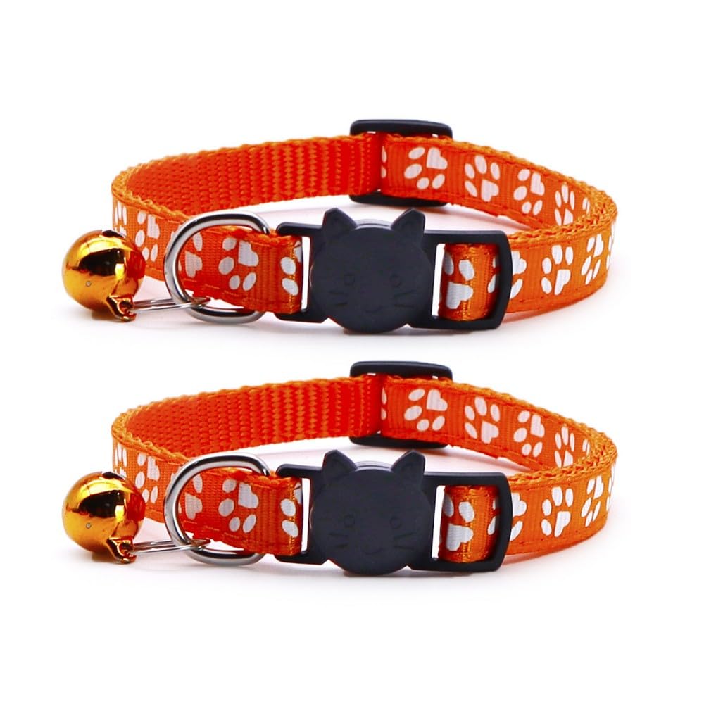 Reflective Cat Collars Breakaway with Bell 2-Pack Girl Boy Pet Kitten Collar with Star Moon Patetrn Adjustable 7.5-12.5 Inch (Orange)