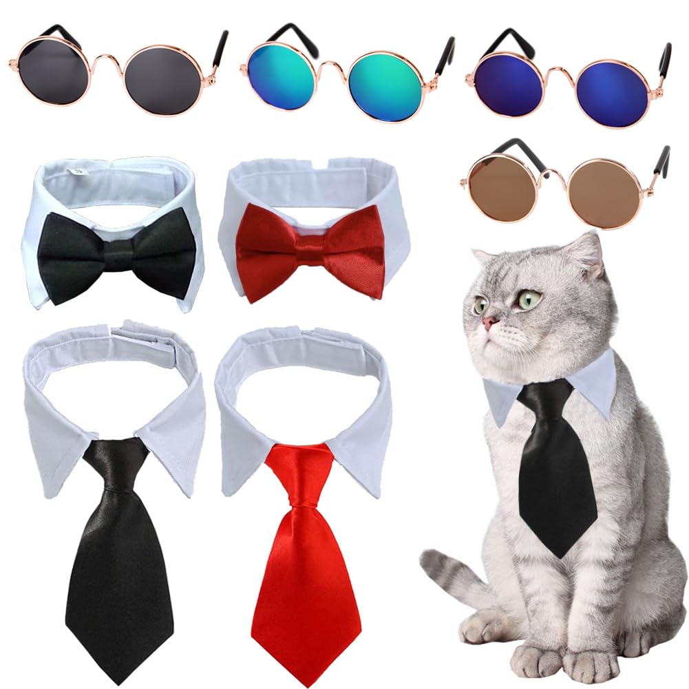 8 Pieces Pets Dog Cat Bowtie Pet Sunglasses Pet Costume Adjustable Formal Necktie Collar for Cats Small Dogs Puppy Grooming Accessories (Black/red + Glasses)