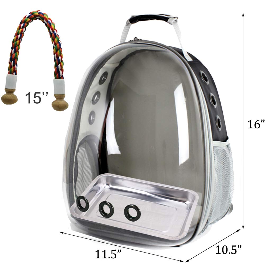Bird Traval Carrier Cage, Clear Space Capsule Astronaut Backpack to Carry Parakeet Cockatiel Parrot with Metal Tray Bird Feeder Wood Perch, Vet Transport Bag